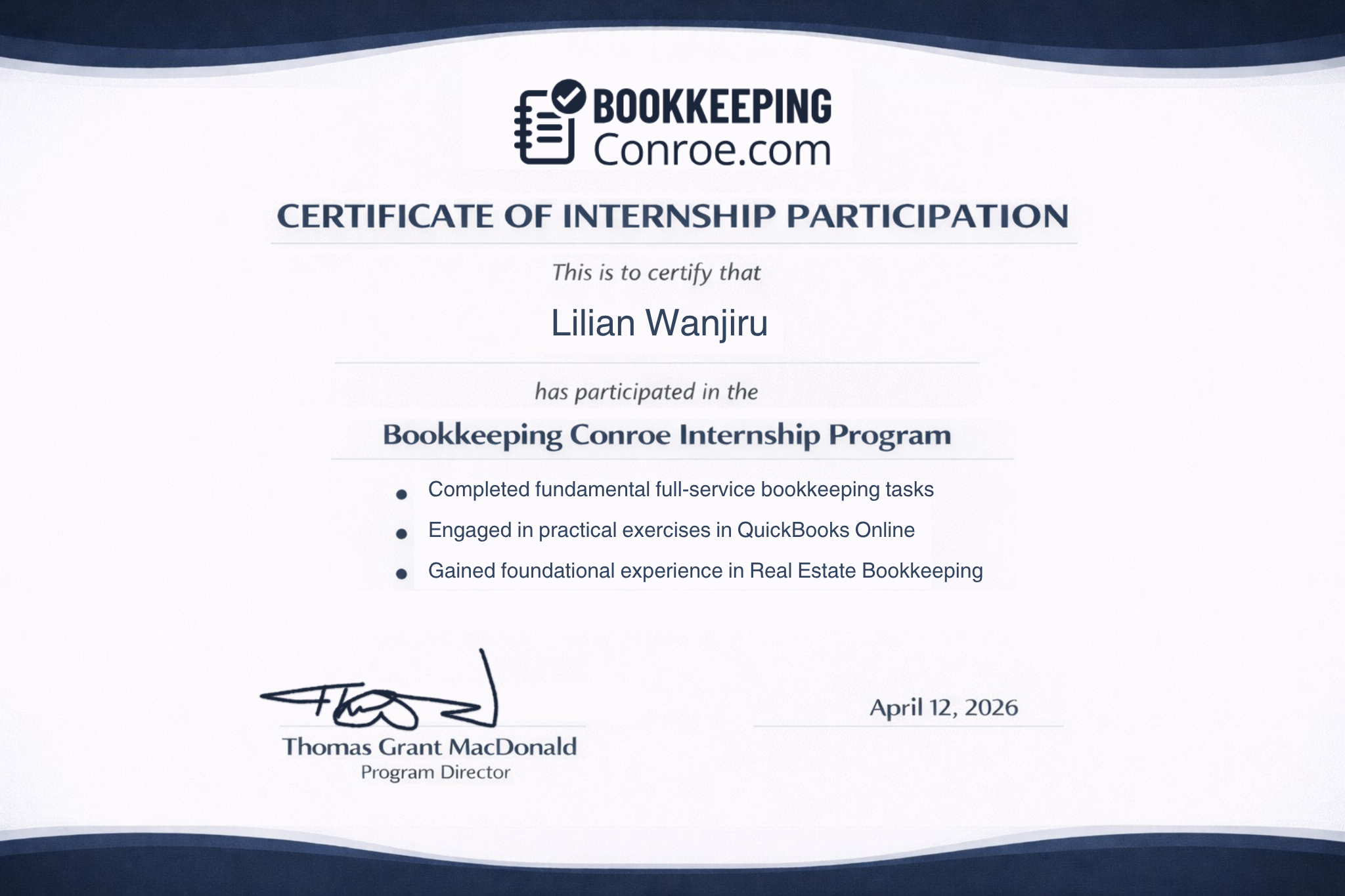 Bookkeeping Conroe Internship Certificate of Completion - Lilian Wanjiru